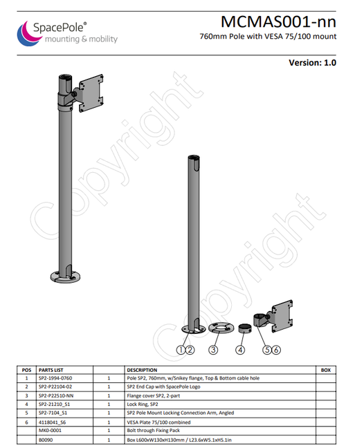 760mm Pole with VESA 75/100 mount by SpacePole