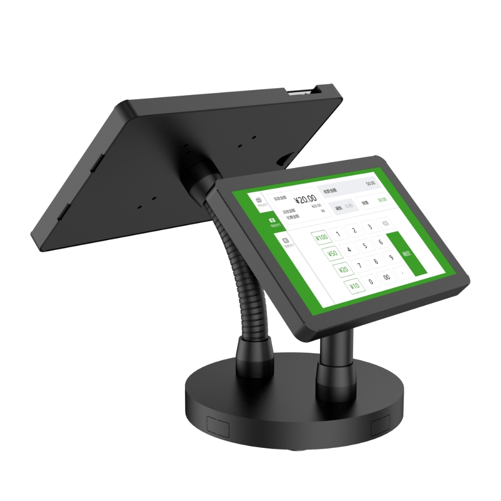 Restaurant-Dual-Desktop-Checkout-Counter-Stand-for.jpeg Restaurant Dual Desktop Checkout Counter Stand for Tablets Pos Desktop Anti Theft Vesa Tablet Stand Holder Pos Stand