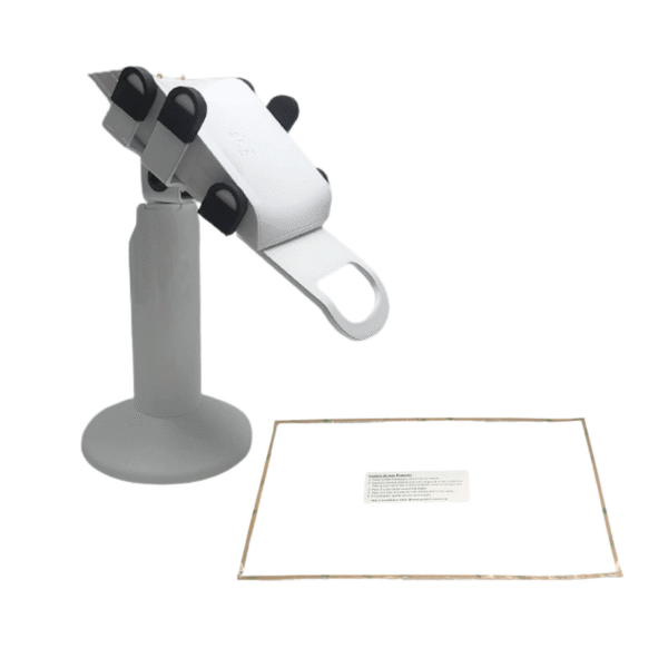 Clover Flex Screw Mounted Swivel and Tilt Stand with Charging Base and Screen Protector Bundle (White) for C410U POS
